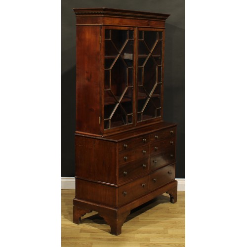 1244 - A 19th century mahogany connoisseur’s collector’s cabinet, dentil cornice above a pair of glazed doo... 