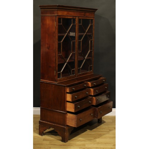 1244 - A 19th century mahogany connoisseur’s collector’s cabinet, dentil cornice above a pair of glazed doo... 