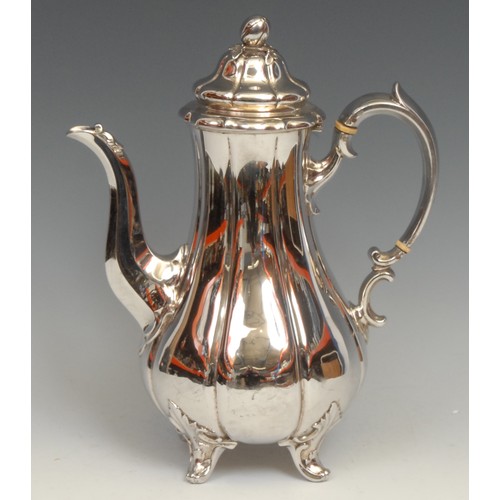 768 - An early Victorian silver fluted baluster coffee pot, bud finial, acanthus feet, 30cm high, Edward, ... 