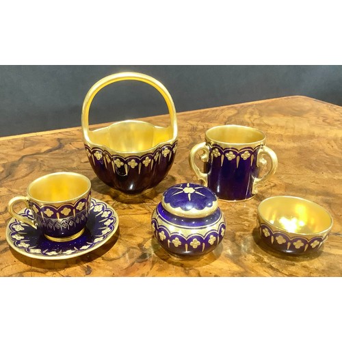 173 - A Coalport miniature tea service, comprising teapot, coffee pot, cream jug, sugar bowl, tea cup and ... 