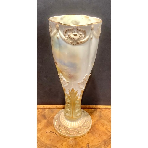 191 - A Royal Worcester lobed goblet shaped vase, painted by Jas. Stinton, signed, with pheasants on mossy... 