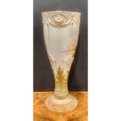 191 - A Royal Worcester lobed goblet shaped vase, painted by Jas. Stinton, signed, with pheasants on mossy... 