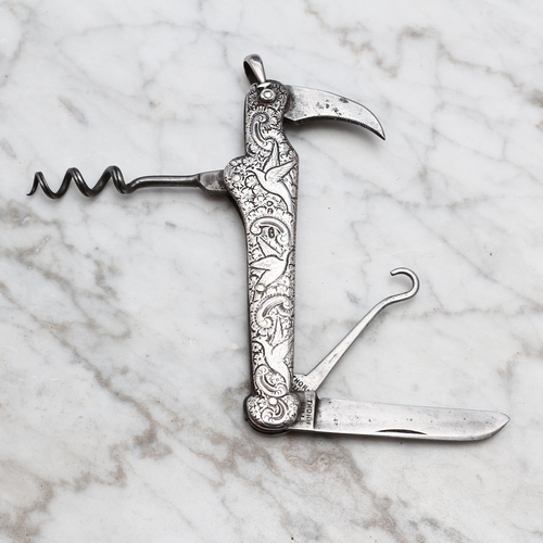 830 - Helixophilia and Machirology - a Victorian silver multi-tool pocket knife and corkscrew, chased with... 