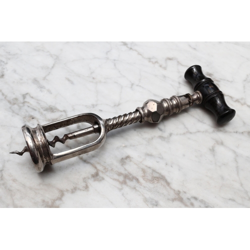 2412 - Helixophilia - a 19th century French nickel plated mechanical corkscrew, turned handle, 19.5cm long,... 