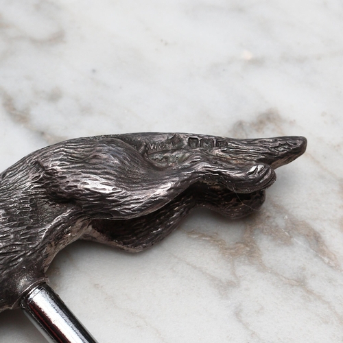 2516 - Helixophilia - an Elizabeth II silver novelty corkscrew, the handle cast as a fox, ruby eyes, 9.5cm ... 