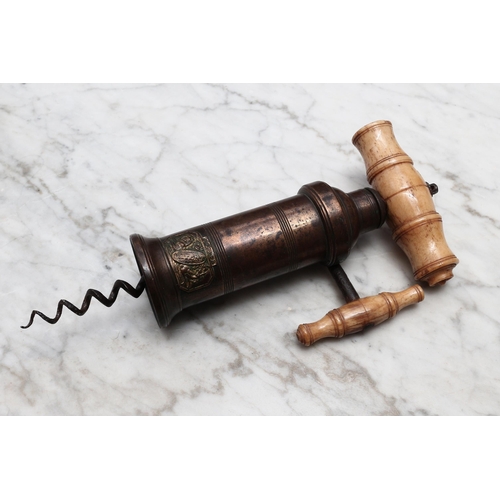 2399 - Helixophilia - a 19th century brass Dowler patent Thomason King's screw mechanical corkscrew, turned... 