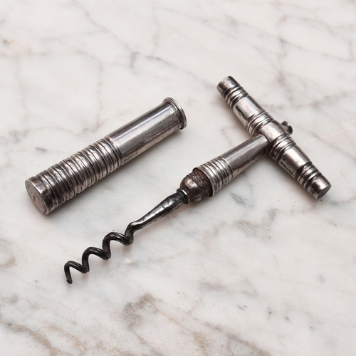 2502 - Helixophilia - an early 19th century silver coloured metal T-type travelling pocket corkscrew, screw... 