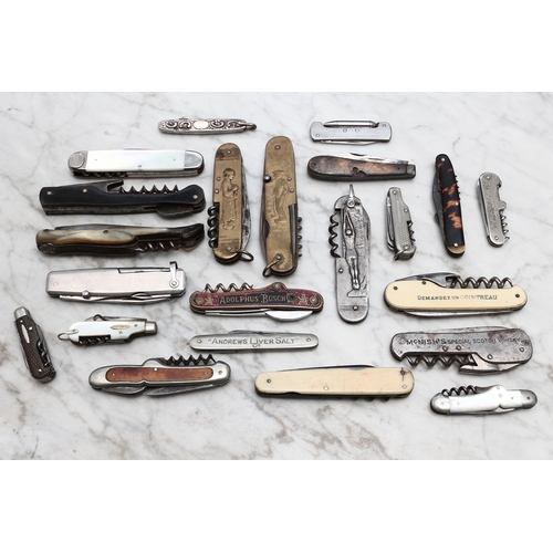 2523 - Machirology - various pocket and pen knives, a Victorian silver example, with corkscrew, 7cm over lo... 