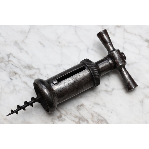 2510 - Helixophilia - an early 20th century Italian all-steel mechanical corkscrew, broad barrel with apert... 