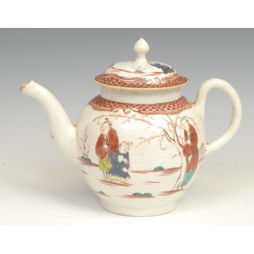 135 - A Lowestoft globular teapot, painted in polychrome with Chinese figures, 21cm long, c.1770
