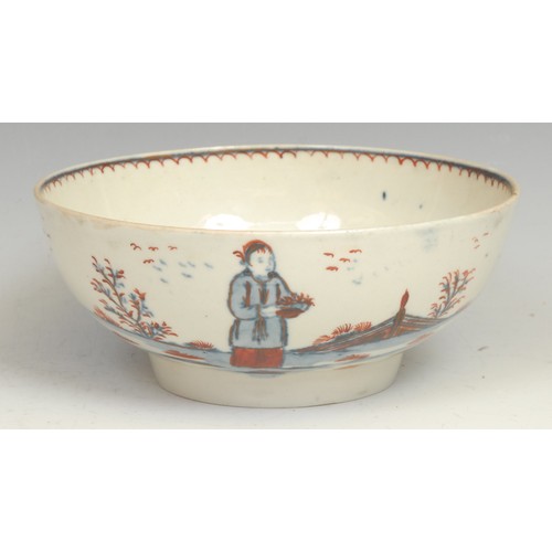 133 - A Lowestoft circular bowl, painted in the Redgrave manner with Chinese figures and pines, 15.5cm dia... 