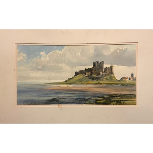 1038 - Ivan Taylor, Bamburgh castle, signed, watercolour, 32cm x 62cm.