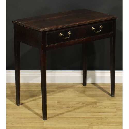 1535 - A George III oak side table, rectangular top with reeded edge above a long frieze drawer, brass swan... 