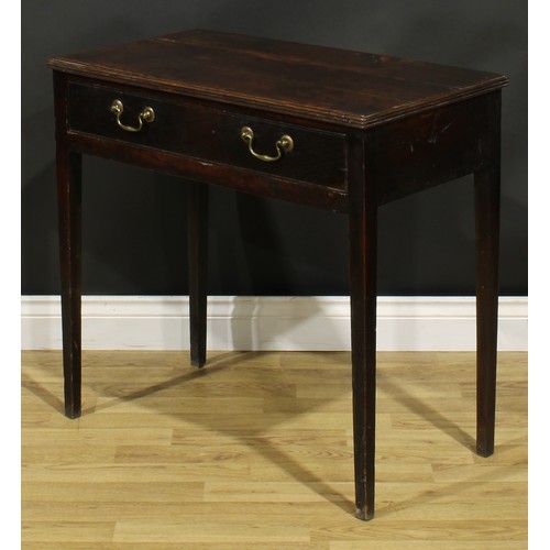 1535 - A George III oak side table, rectangular top with reeded edge above a long frieze drawer, brass swan... 