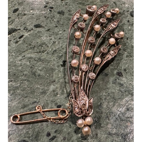 930 - An Art Deco diamond and cultured seed pearl floral spray brooch, seven individual razor edge section... 