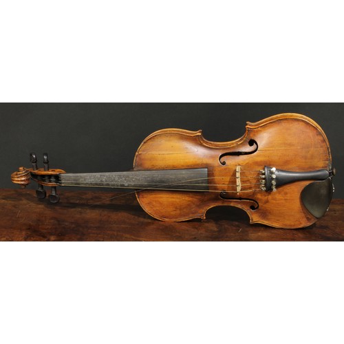 2564 - A violin, the two-piece back 35.75cm long excluding button, rosewood tuning pegs, outlined throughou... 