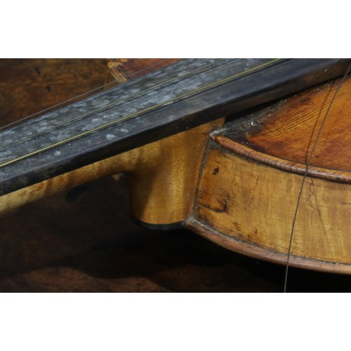 2564 - A violin, the two-piece back 35.75cm long excluding button, rosewood tuning pegs, outlined throughou... 