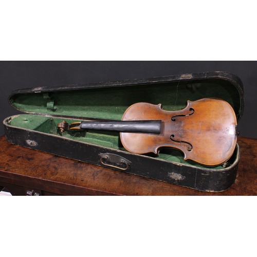 2563 - A violin, the two-piece back 35.75cm long excluding button, outlined throughout with purfling, 60cm ... 