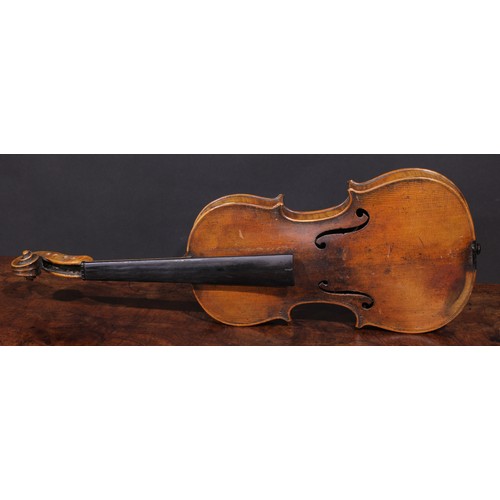 2563 - A violin, the two-piece back 35.75cm long excluding button, outlined throughout with purfling, 60cm ... 