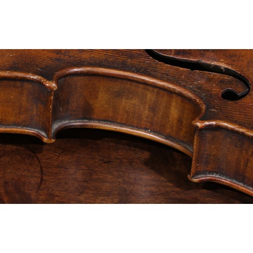 2563 - A violin, the two-piece back 35.75cm long excluding button, outlined throughout with purfling, 60cm ... 