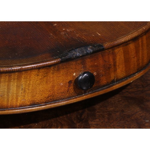 2563 - A violin, the two-piece back 35.75cm long excluding button, outlined throughout with purfling, 60cm ... 