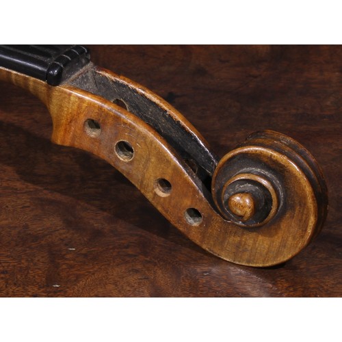 2563 - A violin, the two-piece back 35.75cm long excluding button, outlined throughout with purfling, 60cm ... 