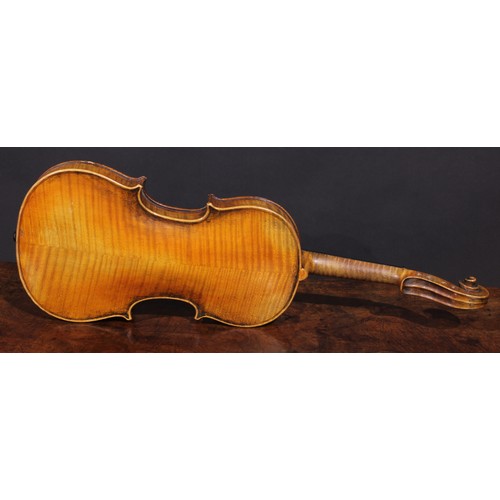 2563 - A violin, the two-piece back 35.75cm long excluding button, outlined throughout with purfling, 60cm ... 