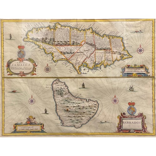 2686 - John Speed (1551/52 - 1629), a two-page coloured map, Jamaica and Barbados, sold by Thomas Basset in... 