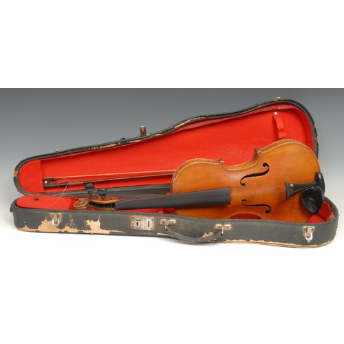 2552 - A violin, the two-piece back 36cm long excluding button, ebony tuning pegs, outlined throughout with... 