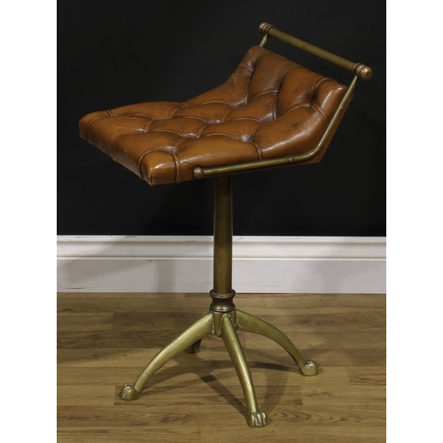 1288 - A 19th century brass adjustable music stool, deep-buttoned tan leather seat, cast paw feet, 63cm hig... 