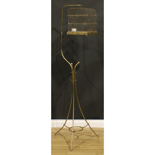 1557 - An Art Nouveau period brass hanging bird cage and floor stand, Genykage, 178cm high overall, early 2... 