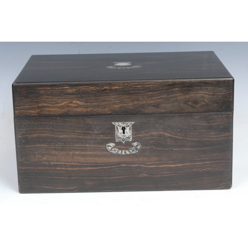 2195 - A Victorian coromandel rectangular work box, hinged cover enclosing a fitted lift-out tray, inlaid i... 