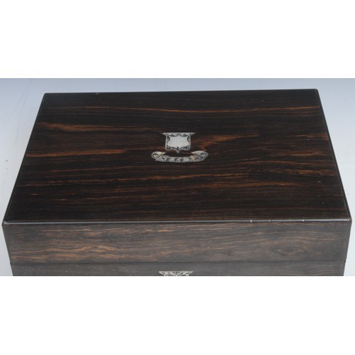 2195 - A Victorian coromandel rectangular work box, hinged cover enclosing a fitted lift-out tray, inlaid i... 