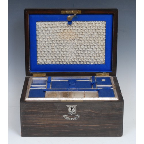 2195 - A Victorian coromandel rectangular work box, hinged cover enclosing a fitted lift-out tray, inlaid i... 