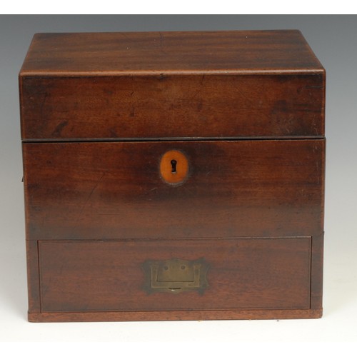 1857 - Medical Interest - a George III mahogany apothecary box, hinged cover and drawer to base enclosing a... 