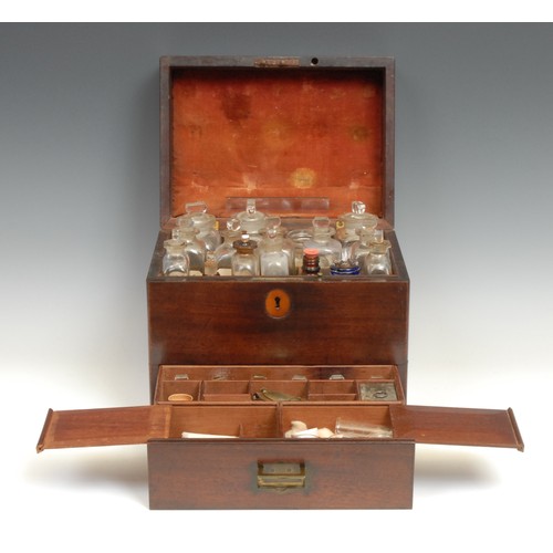 1857 - Medical Interest - a George III mahogany apothecary box, hinged cover and drawer to base enclosing a... 