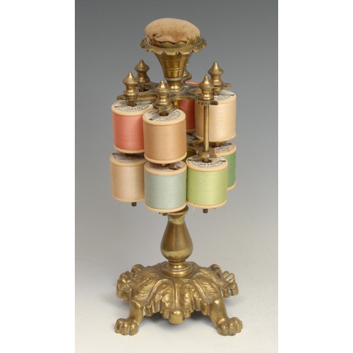 1871 - Sewing - a 19th century brass two-tier cotton reel stand, pin cushion cresting, cast throughout with... 