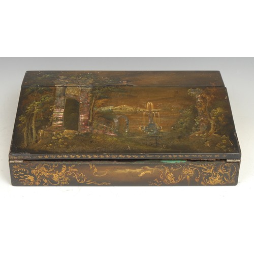 1488 - A Victorian papier mache rectangular writing box, inlaid with abalone shell and painted with an Ital... 