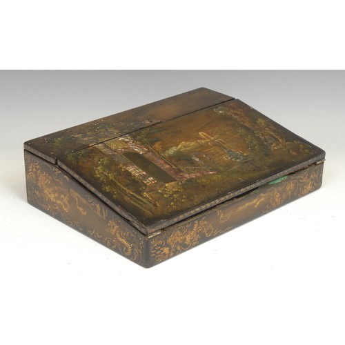 1488 - A Victorian papier mache rectangular writing box, inlaid with abalone shell and painted with an Ital... 