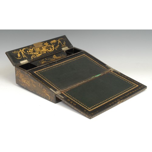 1488 - A Victorian papier mache rectangular writing box, inlaid with abalone shell and painted with an Ital... 