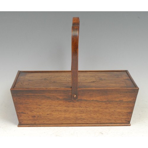 1736 - A 19th century rosewood and marquetry basket shaped work box, swing handle, hinged cover, 22.5cm wid... 