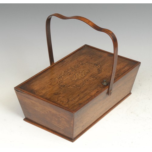 1736 - A 19th century rosewood and marquetry basket shaped work box, swing handle, hinged cover, 22.5cm wid... 