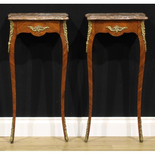 2172 - A pair of Louis XV Revival gilt metal mounted kingwood console tables, of small and neat proportions... 