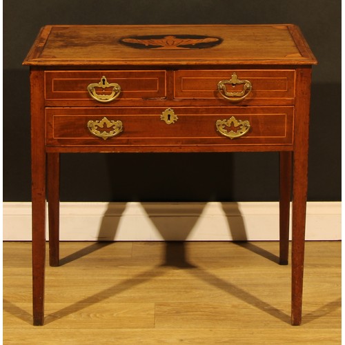 1661 - A George III mahogany and marquetry lowboy, crossbanded rectangular top inlaid with a fluted urn, ab... 