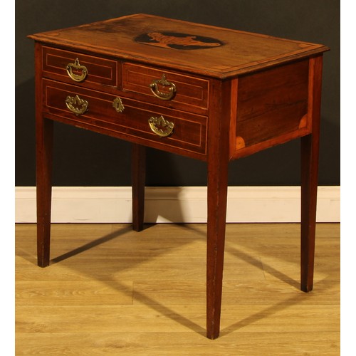 1661 - A George III mahogany and marquetry lowboy, crossbanded rectangular top inlaid with a fluted urn, ab... 