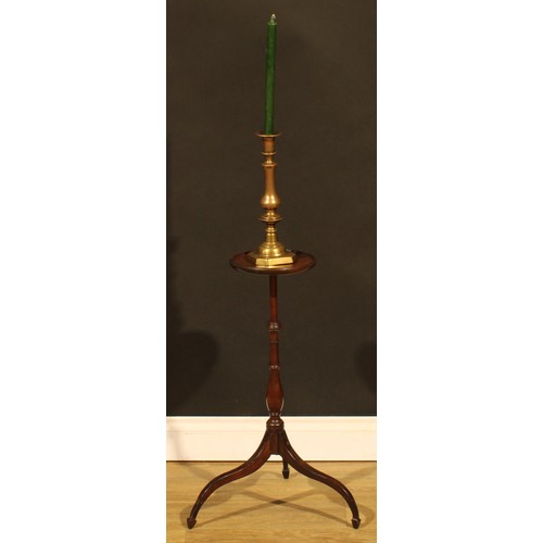 1254 - A 19th century mahogany tripod candle stand, dished circular top, turned column, downswept legs, 67c... 