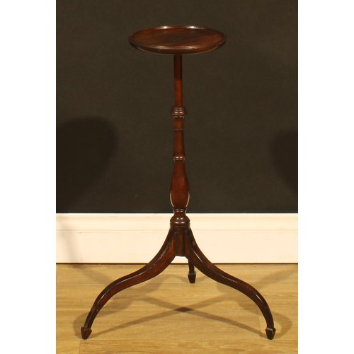 1254 - A 19th century mahogany tripod candle stand, dished circular top, turned column, downswept legs, 67c... 