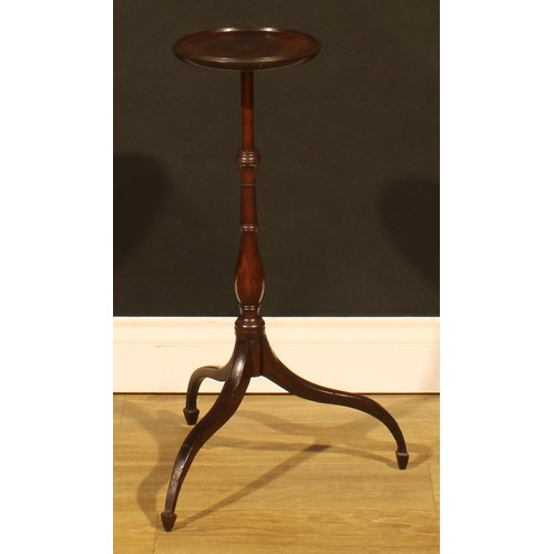 1254 - A 19th century mahogany tripod candle stand, dished circular top, turned column, downswept legs, 67c... 