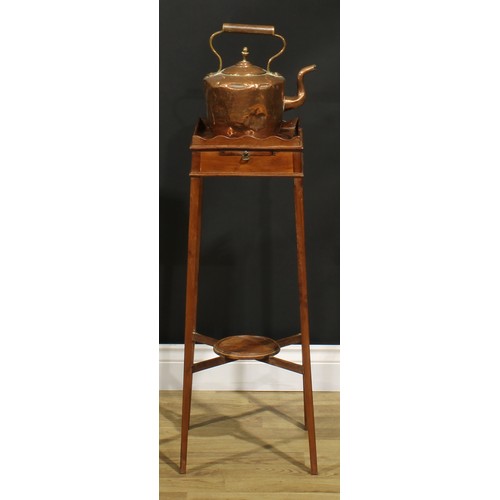 1248 - A 19th century mahogany kettle stand, square top with wavy gallery above a slide, X-stretcher with u... 