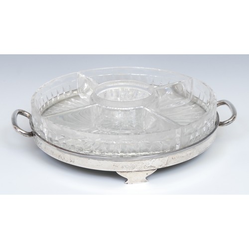 744 - An Art Deco period silver hors d'oeuvres stand, the nirrored plateau with hobnail-cut dishes, loop h... 